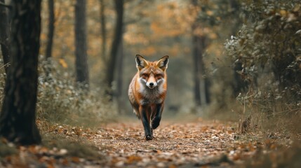 Red fox walking on a path in the forest during autumn