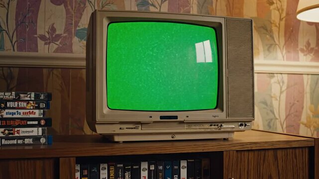 Retro CRT TV with Snow Screen and Stack of VHS Cassettes in a Nostalgic Room