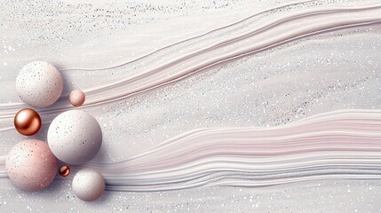 An abstract composition featuring spheres, swirling lines, and glitter elements in a soft, elegant style. The color palette is primarily white, pink, and copper
