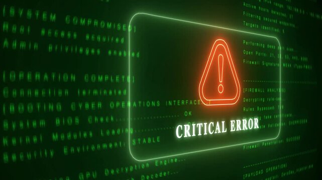 Cyber Critical Error Warning with Digital Code and Exclamation Symbol Keywords: cyber, error, warning, digital, technology, security, system, failure, critical, message, screen, display, code