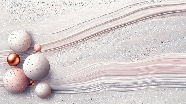 An abstract composition featuring spheres, swirling lines, and glitter elements in a soft, elegant style. The color palette is primarily white, pink, and copper