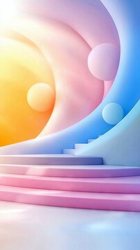 An abstract image featuring a staircase, spheres, and curved walls in shades of pink, blue, and yellow. The scene has a dreamlike quality.