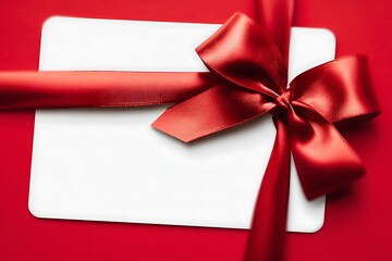 Elegant White Gift Card with Red Satin Ribbon Bow on Vibrant Red Background for Celebrations Holidays Birthdays and Special Occasions
