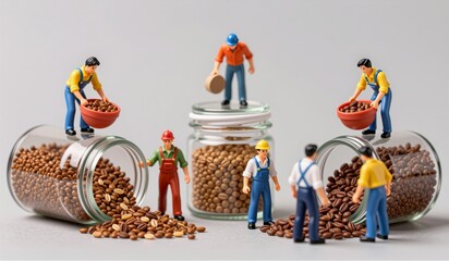 Miniature workers sorting coffee beans and seeds in a playful and creative display at a workspace setting