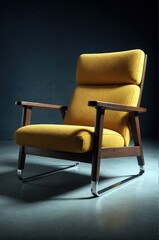 A vibrant mid-century modern armchair with a wooden frame and metal sled base sits in an industrial urban setting. Use: contemporary living room.