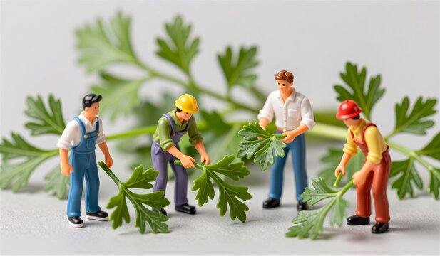Small workers carefully harvesting fresh parsley leaves in a playful arrangement