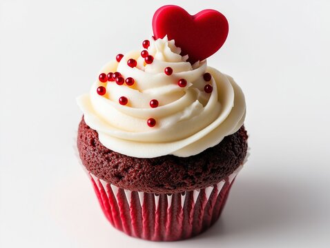 Red Velvet Cupcake with Cream Cheese Frosting and Heart Topper on a White Background. - Powered by Adobe