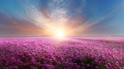 Obraz premium Endless rows of bright pink flowers blanket the ground, glowing softly in the early morning light. A beautiful sunrise casts a warm hue over the tranquil landscape, filling the air with peace