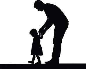 Black silhouette of father teaching daughter to walk holding hands paternal guidance and childhood steps