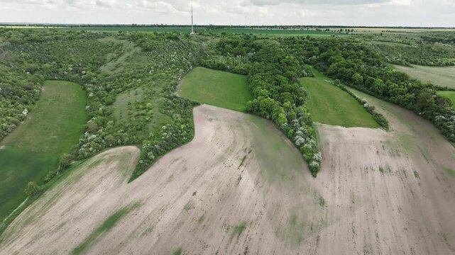 Sideways drone flight along the Querfurt Plateau in Saxony-Anhalt, where shell-limestone formations rise like fingers from fertile loess&ndash;chernozem lands.