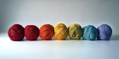 Vibrant Rainbow Yarn Balls in Spectrum Order on Neutral Background for Color Theory Crafting Design and Textile Inspiration