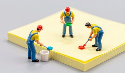 Miniature construction workers busy at work on a colorful sticky note