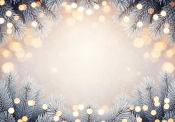 Festive winter background with frosted spruce branches forming a frame around a glowing center with golden bokeh lights and falling snow flakes.
