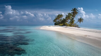 Pristine tropical island beach with palm trees and clear blue ocean