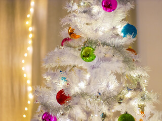 White Christmas Tree with Colorful Ornaments