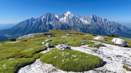 A scenic view of a mountain range with snow-capped peaks, a green meadow, and a clear blue sky. The landscape is bright and sunny.