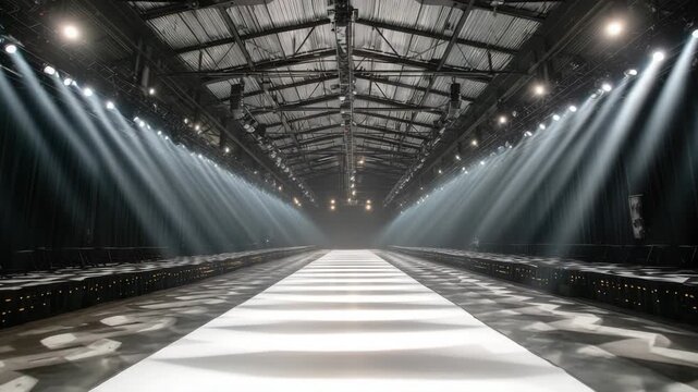 Empty Fashion Runway in Dark Tone with Stage Lighting and Parallel Seating Rows