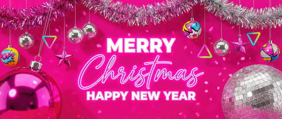 Disco Pop style Christmas and New Year greeting banner with shiny metallic tinsel garlands and mini mirror disco balls on a vibrant hot pink background