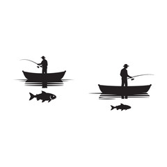 A silhouette of a fisherman in a boat with a large fish below the water