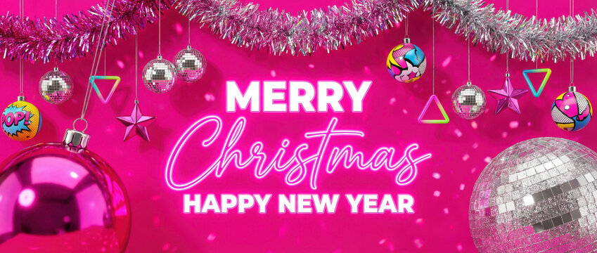 Disco Pop style Christmas and New Year greeting banner with shiny metallic tinsel garlands and mini mirror disco balls on a vibrant hot pink background - Powered by Adobe