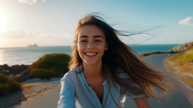 Young woman enjoying a sunny ride on her bicycle along a coastal path near the ocean at sunset