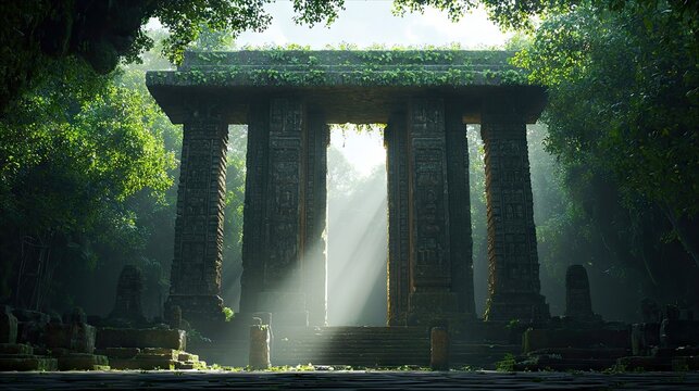 An ancient temple structure stands in a lush jungle environment, bathed in dramatic light. The scene evokes a sense of mystery and history.