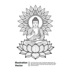 Illustration of a serene Buddha seated in meditation with an aura and lotus flower detail