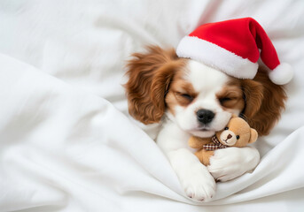 Adorable Cavalier King Charles Spaniel puppy sleeping peacefully in white bedding, wearing a red Santa hat and hugging a small teddy bear, perfect for cozy holiday greetings or Christmas pet themes.
