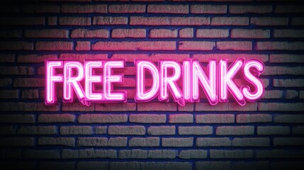 Obraz premium Pink neon sign showing free drinks on brick wall