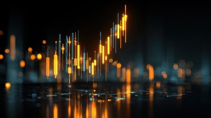 Glowing Golden Candlestick Chart Soars Upward with City Bokeh Reflections.