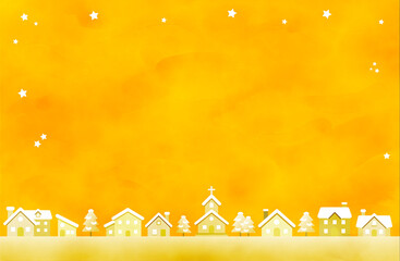 温かい黄色の冬景色背景・星空と家並みのイラスト