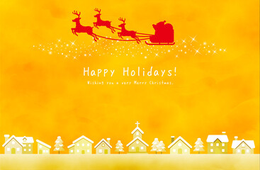 クリスマスのサンタとトナカイのシルエットと冬の街並み背景（黄色）