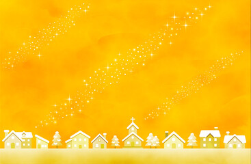 温かい黄色の冬景色背景・星空と家並みのイラスト