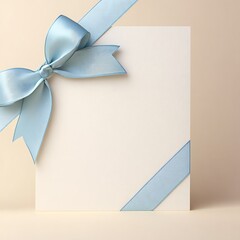 Elegant White Gift Card with Light Blue Satin Ribbon Bow on Neutral Beige Background for Wedding Birthday or Formal Invitation