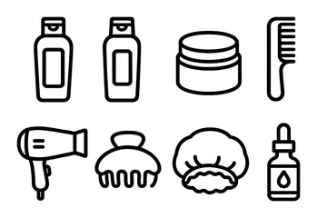 Hair care icons set with shampoo, conditioner, comb, and more
