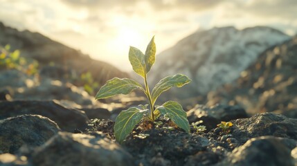 Small plant growing through rocks in mountain scenery at sunset