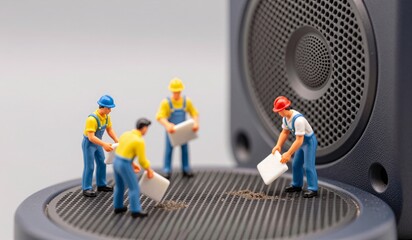 Tiny workers engaged in a construction project atop a speaker, showcasing creativity and imagination