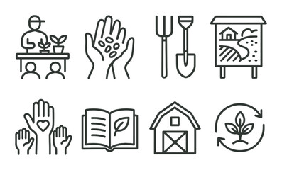 Agriculture icons: farming, gardening, sustainability, education, tools