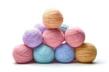 Pastel Yarn Pyramid Display in Soft Wool Texture Featuring Lavender Pink Blue and Mustard Yellow Balls for Knitting Crafts