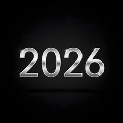 Shiny silver metallic number 2026 text graphic design element isolated on a dark black background, representing the upcoming new year celebration or anniversary