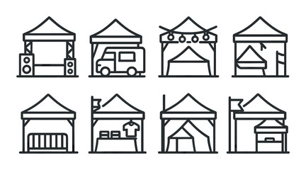 Fototapeta premium Outline icons of festival tents and stages on dark background