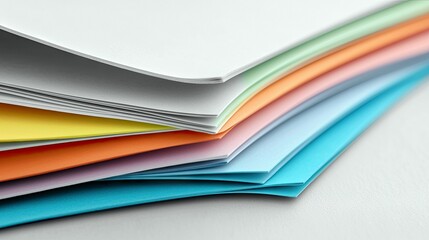 Close-up of a stack of colorful paper sheets, arranged in a layered composition, against a white background.