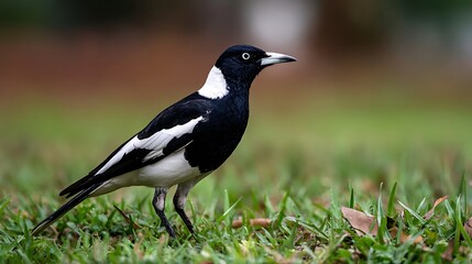 Fototapeta premium Black wild birds on the ground and branch with green grass and black feathers