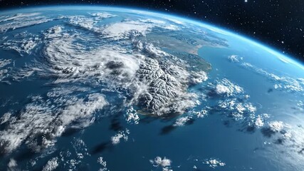 Vibrant Earth Globe from Space with Clouds and Blue Ocean Against Starry Sky - Powered by Adobe