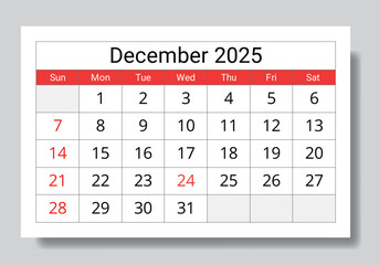 2025 december calendar. A vector collection of English monthly page calendars. Design Sunday start