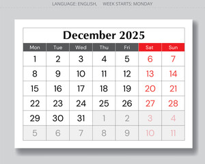 2025 december calendar. Vector English monthly page. Design Monday start