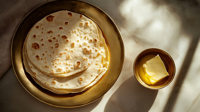 Brass plate filled with freshly made chapatis and a small bowl of butter in a warm setting