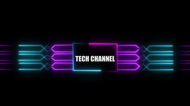 Networking chip icon futuristic neon circuit board TECH CHANNEL animated. on black background. Motion graphic of digital logo with futuristic technology.4k video black background animated...
