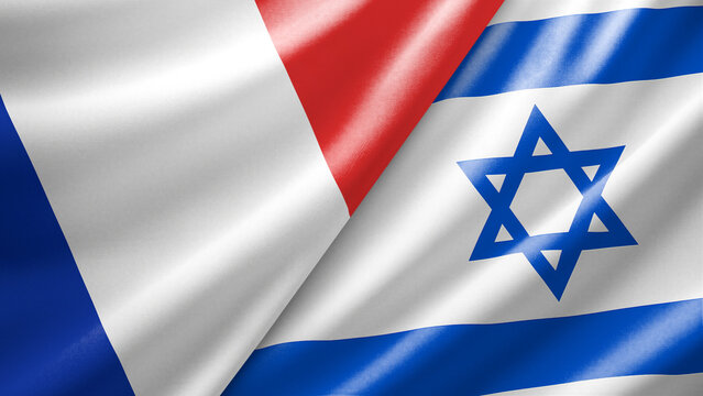 France and Israel two national flags filling the entire frame, close-up view, edge-to-edge composition