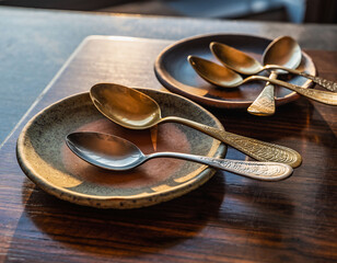 Vintage spoons on ceramic plates on wooden table in warm natural light